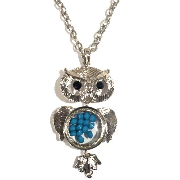 Elegant Silver Tone Owl Turquoise Beads Pendant Necklace Women's Fashion Jewelry - Picture 3 of 7